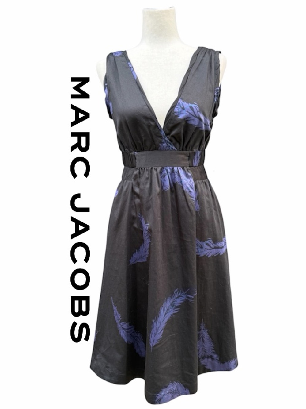 Marc Jacobs Black Cocktail Dress with Blue Feather Motif Silk Blend Sleeveless 0